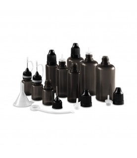 Set of 9 bottles, 5 - 50 ml, black with caps, dosing aids and funnel