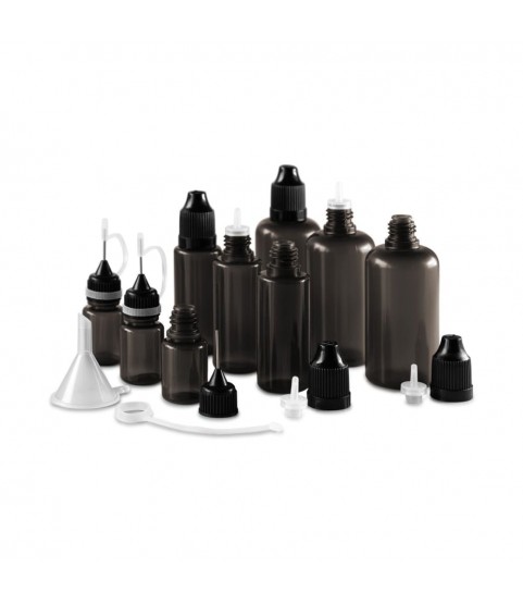 Set of 9 bottles, 5 - 50 ml, black with caps, dosing aids and funnel