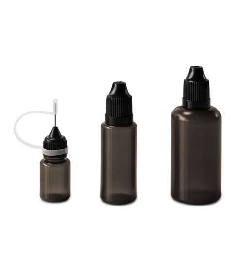 Set of 9 bottles, 5 - 50 ml, black with caps, dosing aids and funnel