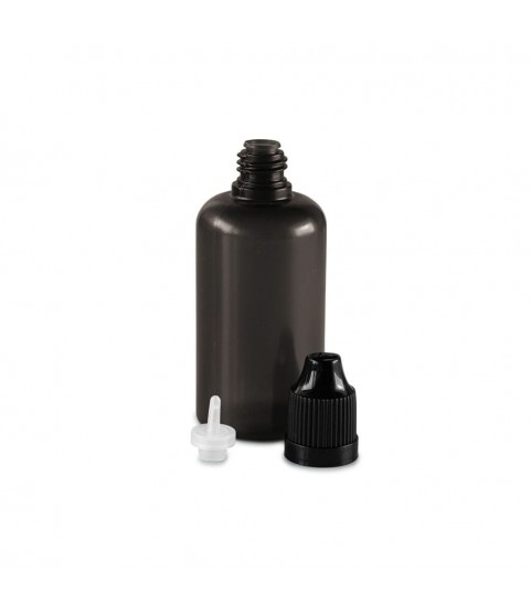 Set of 9 bottles, 5 - 50 ml, black with caps, dosing aids and funnel