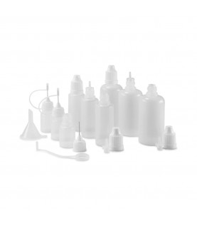 Set of 9 bottles, 5 - 50 ml, white with caps, dosing aids and funnel