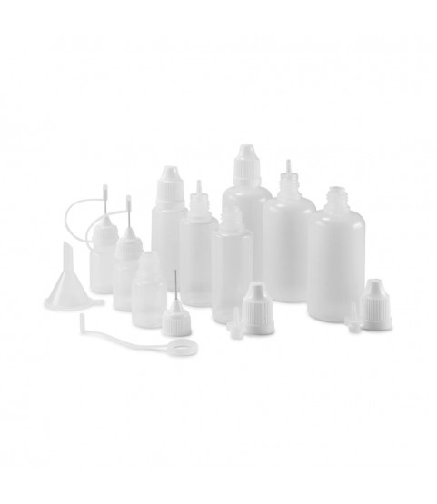 Set of 9 bottles, 5 - 50 ml, white with caps, dosing aids and funnel