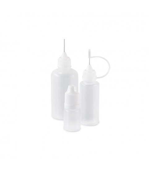 Set of 9 bottles, 5 - 50 ml, white with caps, dosing aids and funnel