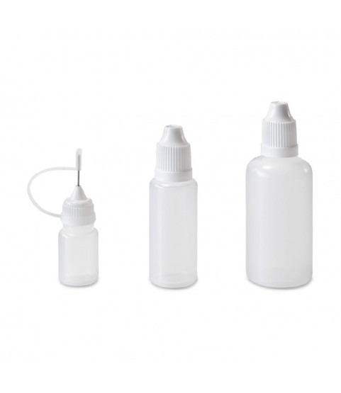 Set of 9 bottles, 5 - 50 ml, white with caps, dosing aids and funnel