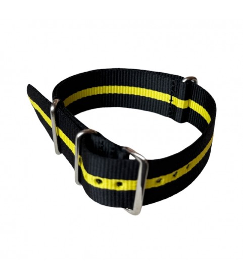 Nylon watch NATO strap black with yellow band, 18mm