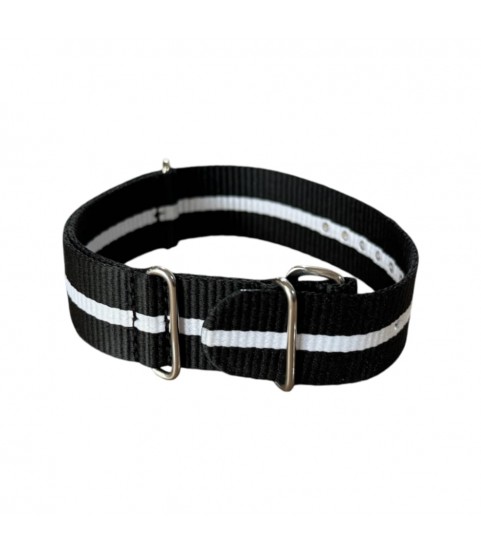 Nylon watch NATO strap black with white band, 18mm