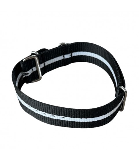 Nylon watch NATO strap black with white band, 20mm