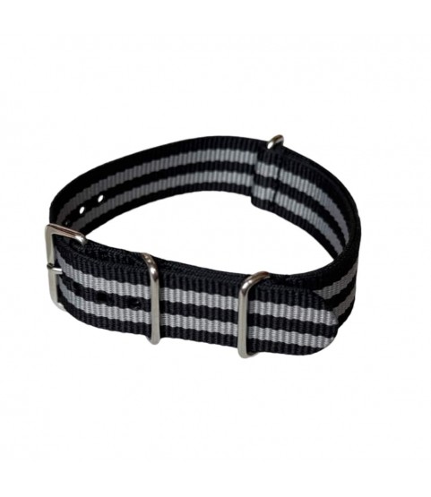 Nylon watch NATO strap black with grey band, 18mm